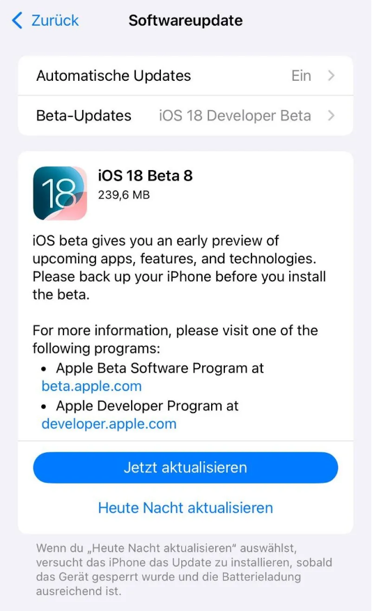 华亭苹果手机维修分享苹果 iOS / iPadOS 18 开发者预览版 Beta 8 发布 